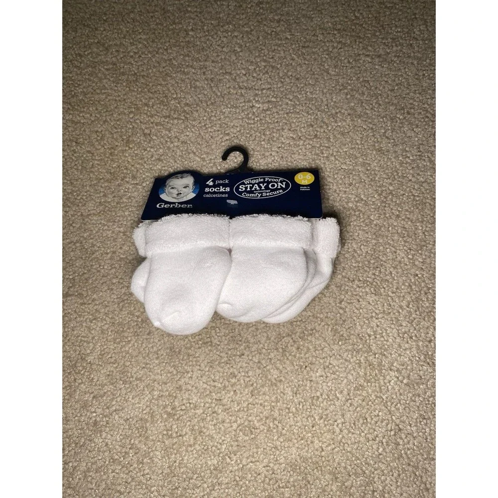 Gerber Wiggle Proof Stay On Baby Socks 0-6 M Pack Of 4